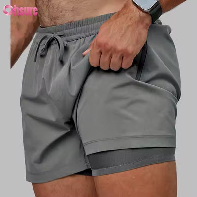 Op maat gemaakte hoogwaardige nylon spandex split zoom dubbele laag 5 in sport 2 in 1 gym hardloopshorts voor heren