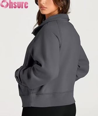 Op maat gemaakte dames fleece trui met halve rits en crop | Herfstmode trui met kwart rits 2025