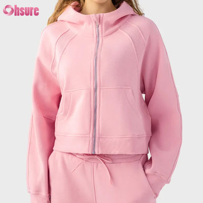 Custom Logo Vrouwen Vintage Full Zip Fleece Workout Jacket voor de winter hardlopen Yoga Gym Hoodie Duimgaten voering Gebreide stof