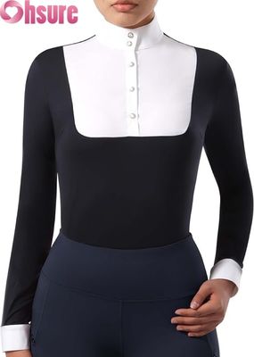 Vrouwen paardrijden lange mouwen show shirt riding top met patchwork ontwerp