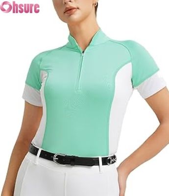 Groothandel Custom Paardensport Wedstrijdshirt voor Dames Ademende Rijshow Tops Korte Mouw Paardrijden Kleding