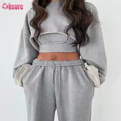 Maatkleding Mode Sport Franse badstof Trainingspakken Dames 3-delige Joggingbroek Set Sweatpants en Cut Hem Crop Top Set