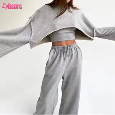 Maatkleding Mode Sport Franse badstof Trainingspakken Dames 3-delige Joggingbroek Set Sweatpants en Cut Hem Crop Top Set
