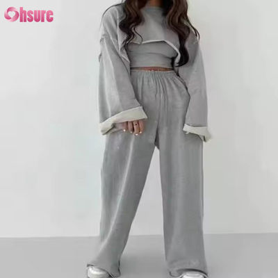 Maatkleding Mode Sport Franse badstof Trainingspakken Dames 3-delige Joggingbroek Set Sweatpants en Cut Hem Crop Top Set