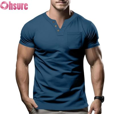 2025 Zomer Nieuwe Heren Casual V-hals T-shirt Slim Fit Korte Mouw Top met Zeefdruk