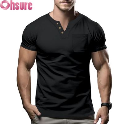 2025 Zomer Nieuwe Heren Casual V-hals T-shirt Slim Fit Korte Mouw Top met Zeefdruk