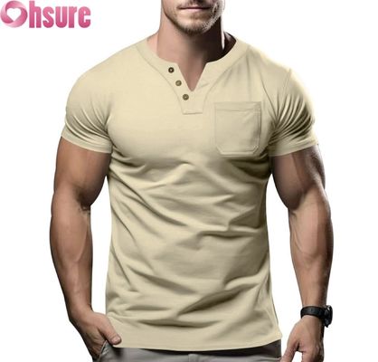 2025 Zomer Nieuwe Heren Casual V-hals T-shirt Slim Fit Korte Mouw Top met Zeefdruk