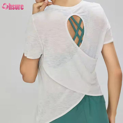 Vrouwen lichtgewicht rug holle korte mouw gym T-shirt ademend snel droog transparante casual yoga T-shirts