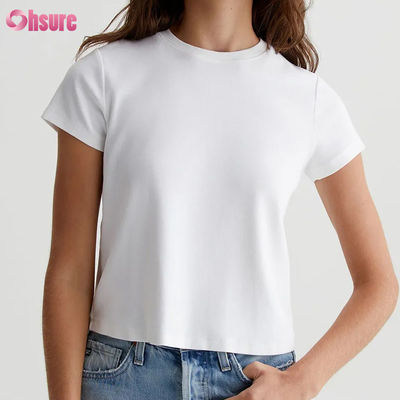 Effen Casual Custom Witte Cropped Crewneck T-shirt voor Dames - Vintage Silhouet, Katoenmix Ribgebreid, Alledaagse Basic