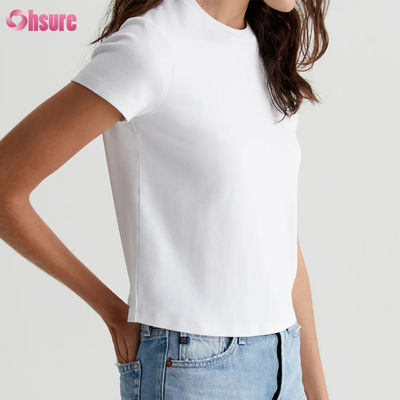 Effen Casual Custom Witte Cropped Crewneck T-shirt voor Dames - Vintage Silhouet, Katoenmix Ribgebreid, Alledaagse Basic