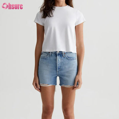 Effen Casual Custom Witte Cropped Crewneck T-shirt voor Dames - Vintage Silhouet, Katoenmix Ribgebreid, Alledaagse Basic