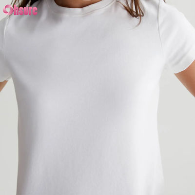 Effen Casual Custom Witte Cropped Crewneck T-shirt voor Dames - Vintage Silhouet, Katoenmix Ribgebreid, Alledaagse Basic