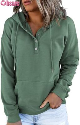 Vrouwen Casual Loose Fit Long Sleeve Pullover Knop-Up Hooded Sweatshirt Front Logo Gebreid voor Herfst Winter Met zakken