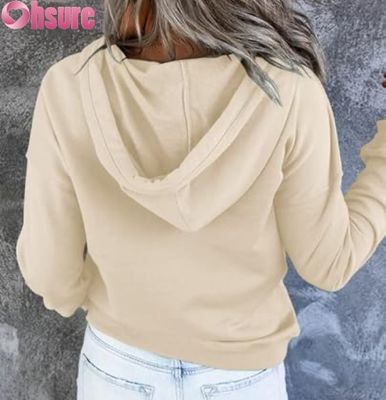 Vrouwen Casual Loose Fit Long Sleeve Pullover Knop-Up Hooded Sweatshirt Front Logo Gebreid voor Herfst Winter Met zakken
