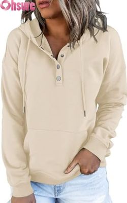 Vrouwen Casual Loose Fit Long Sleeve Pullover Knop-Up Hooded Sweatshirt Front Logo Gebreid voor Herfst Winter Met zakken