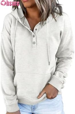 Vrouwen Casual Loose Fit Long Sleeve Pullover Knop-Up Hooded Sweatshirt Front Logo Gebreid voor Herfst Winter Met zakken