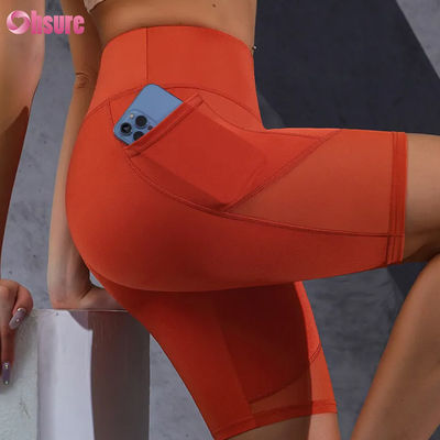Gepersonaliseerd Logo Print Strak Hot Sale Pocket Mesh Stichting Hoog middel Buik Lifting Slimming Yoga Shorts Leggings Groothandel
