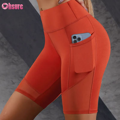 Gepersonaliseerd Logo Print Strak Hot Sale Pocket Mesh Stichting Hoog middel Buik Lifting Slimming Yoga Shorts Leggings Groothandel