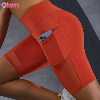 Gepersonaliseerd Logo Print Strak Hot Sale Pocket Mesh Stichting Hoog middel Buik Lifting Slimming Yoga Shorts Leggings Groothandel