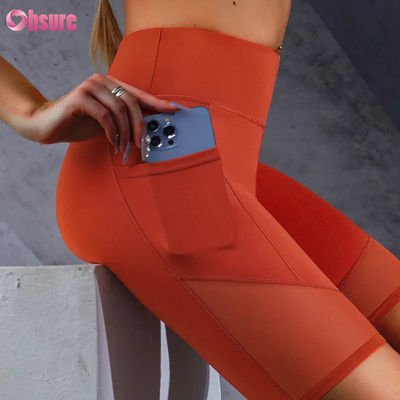 Gepersonaliseerd Logo Print Strak Hot Sale Pocket Mesh Stichting Hoog middel Buik Lifting Slimming Yoga Shorts Leggings Groothandel
