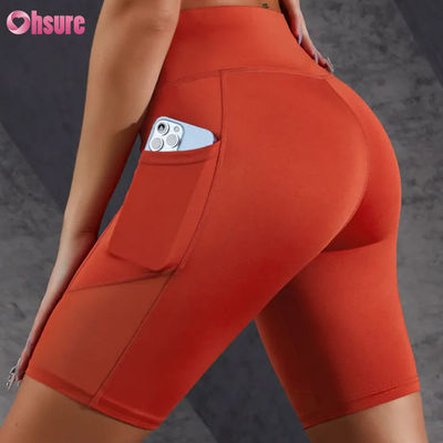Gepersonaliseerd Logo Print Strak Hot Sale Pocket Mesh Stichting Hoog middel Buik Lifting Slimming Yoga Shorts Leggings Groothandel