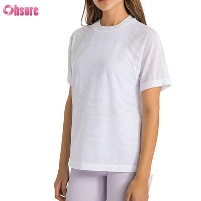 Groothandel Custom Logo Quick Dry Breathable Jacquard Sport T-shirts Fitness Kortmouw Yoga Top Vrouwen Kort Lengte Gym T-shirts