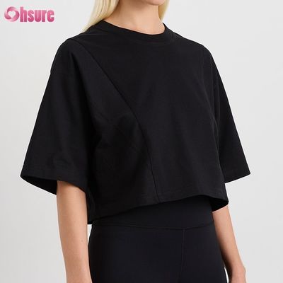 Aangepaste dubbelzijdige O-hals blanco effen oversized cropped top effen casual atletische spandex dames korte mouwen T-shirt