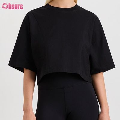 Aangepaste dubbelzijdige O-hals blanco effen oversized cropped top effen casual atletische spandex dames korte mouwen T-shirt