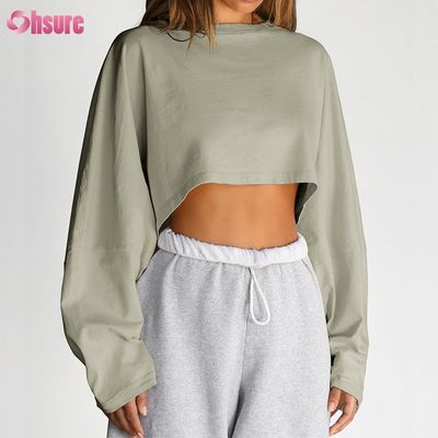 Custom Double Side O Neck Blank Plain Oversize Cropped Top Solid Casual Athletic Spandex Vrouwen Long Sleeve T-shirt