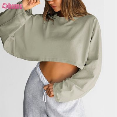 Custom Double Side O Neck Blank Plain Oversize Cropped Top Solid Casual Athletic Spandex Vrouwen Long Sleeve T-shirt