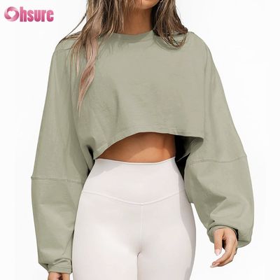 Custom Double Side O Neck Blank Plain Oversize Cropped Top Solid Casual Athletic Spandex Vrouwen Long Sleeve T-shirt