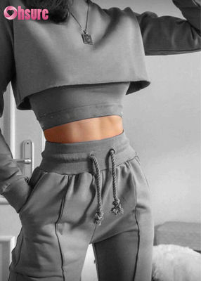Effen Kleur Biologisch Katoen Stof 3-Delige Crop Top Jogger Set 2025 Casual Tweedelige Loungewear Sets voor Dames Lounge Wear Sets