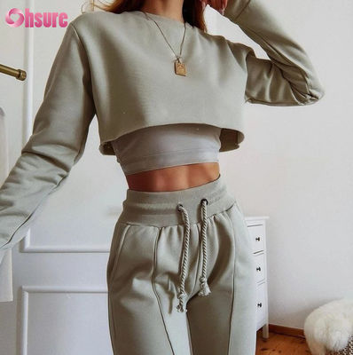 Effen Kleur Biologisch Katoen Stof 3-Delige Crop Top Jogger Set 2025 Casual Tweedelige Loungewear Sets voor Dames Lounge Wear Sets