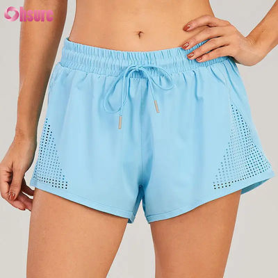 Groothandel Vrouwen Sport Workout Shorts ademend laser gesneden joggen Shorts met warmte-up Zipper Side Pocket Solid Pattern
