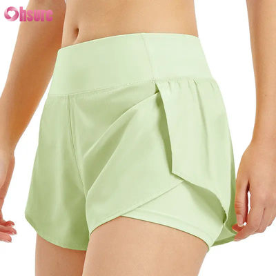 Warm te verkopen Dames High Waist Running Shorts Quick Dry Double Layer Athletic Workout Pants Pockets Breathable Fitness Yoga Wear