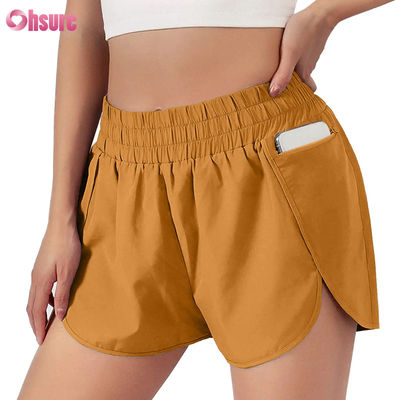 Vrouwen korte sportbroeken met hoge taille met snel drogen met elastische modieuze hardloopbroeken met zakken