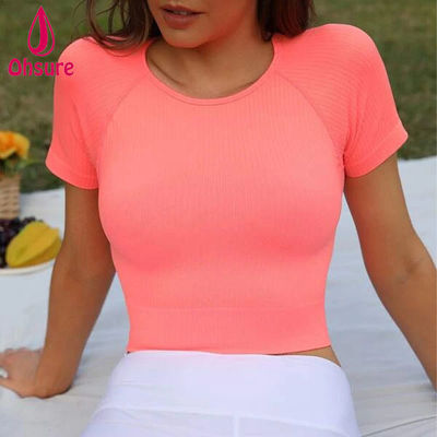 Topverkopen 90% Nylon, 10% Elastane Absorbeert Zweet Solid Rib Breech Sport Tee Vrouwen Fitness Gym Training T-shirt
