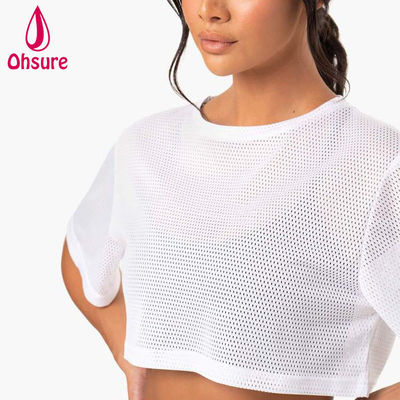 T-shirt met aangepast logo Casual Spandex Mesh Stof Ronde Hals Dameskleding Dames Gym Warming-up Dames Shirts
