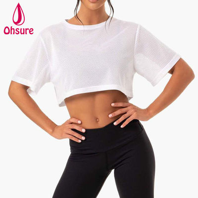 T-shirt met aangepast logo Casual Spandex Mesh Stof Ronde Hals Dameskleding Dames Gym Warming-up Dames Shirts