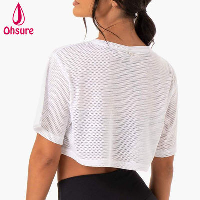 T-shirt met aangepast logo Casual Spandex Mesh Stof Ronde Hals Dameskleding Dames Gym Warming-up Dames Shirts