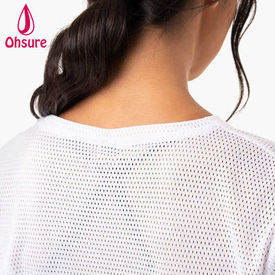 T-shirt met aangepast logo Casual Spandex Mesh Stof Ronde Hals Dameskleding Dames Gym Warming-up Dames Shirts