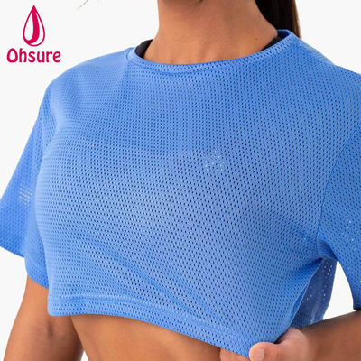 T-shirt met aangepast logo Casual Spandex Mesh Stof Ronde Hals Dameskleding Dames Gym Warming-up Dames Shirts