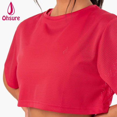T-shirt met aangepast logo Casual Spandex Mesh Stof Ronde Hals Dameskleding Dames Gym Warming-up Dames Shirts