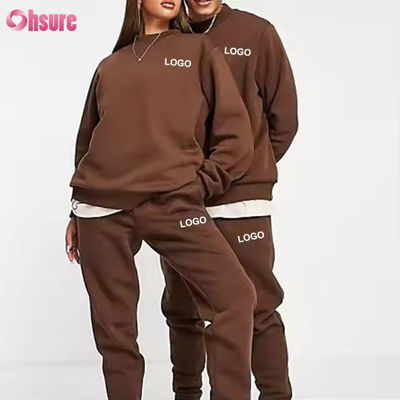 Custom Mensen Hoodies en Jogger Sets Solid logo Bruin Sweatsuit Unisex Losse Cotton Ribbed Unisex Tracksuit