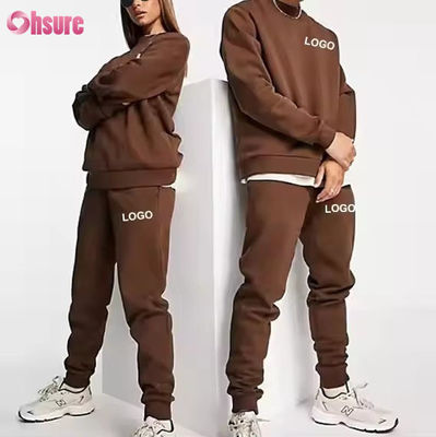 Custom Mensen Hoodies en Jogger Sets Solid logo Bruin Sweatsuit Unisex Losse Cotton Ribbed Unisex Tracksuit