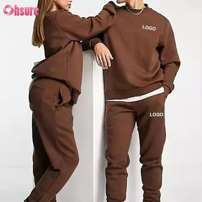 Custom Mensen Hoodies en Jogger Sets Solid logo Bruin Sweatsuit Unisex Losse Cotton Ribbed Unisex Tracksuit