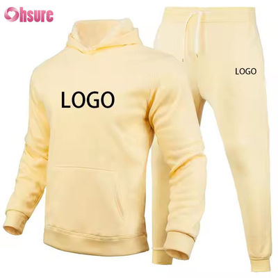 Custom Mensen Hoodies en Jogger Sets Solid logo Bruin Sweatsuit Unisex Losse Cotton Ribbed Unisex Tracksuit