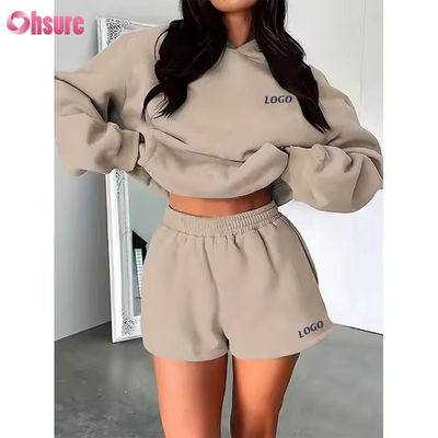 F240140 Custom Korte Sets Tweedelige Set Dames Lange Mouw Effen Hoodie Sweatpak en Gymshorts Set Lente Kleding voor Vrouwen