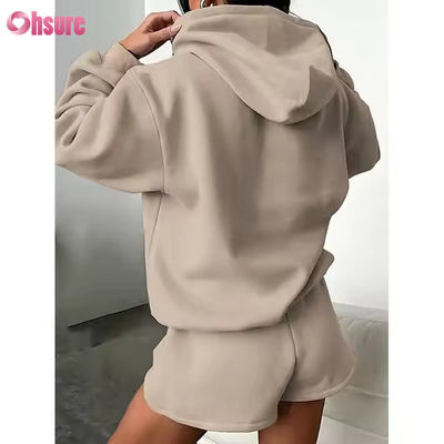 F240140 Custom Korte Sets Tweedelige Set Dames Lange Mouw Effen Hoodie Sweatpak en Gymshorts Set Lente Kleding voor Vrouwen