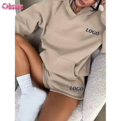 F240140 Custom Korte Sets Tweedelige Set Dames Lange Mouw Effen Hoodie Sweatpak en Gymshorts Set Lente Kleding voor Vrouwen
